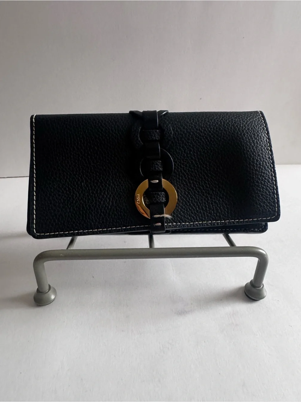 Chloe Black  Leather Clutch with Gold Ring Detail